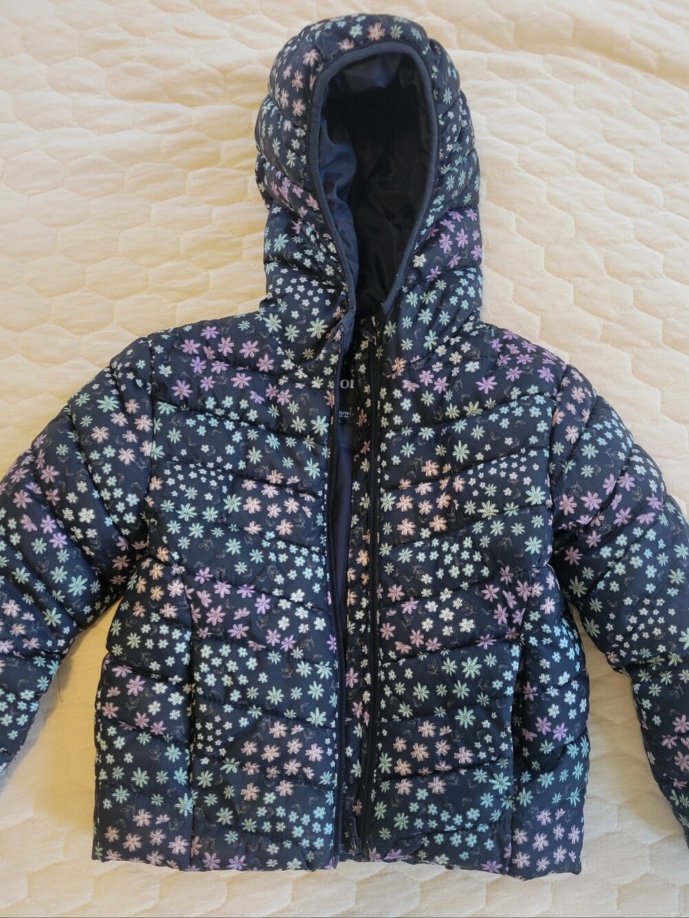 Girls' Navy Floral Puffer Jacket with Hood 4-5Y